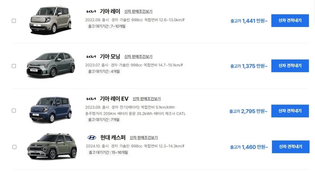 다나와 경차 신차 견적 비교 페이지