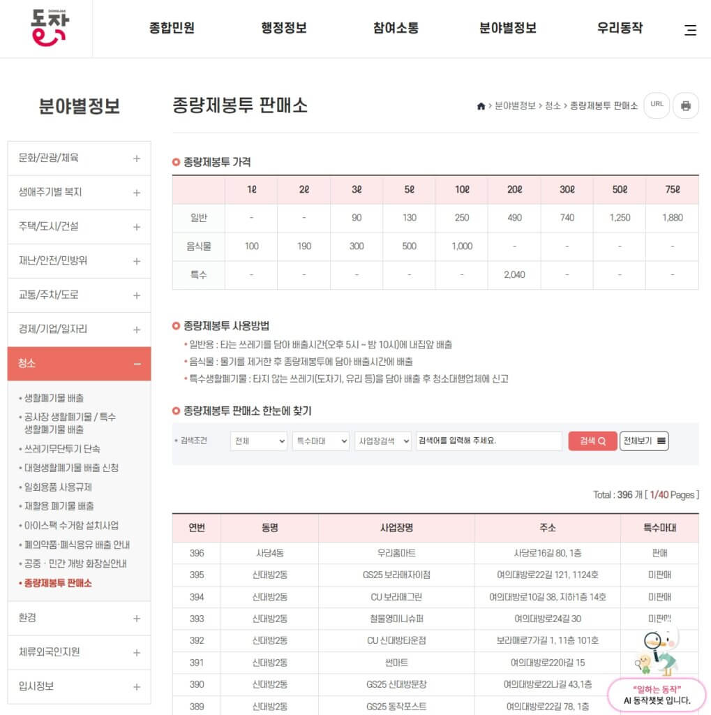 동작구 종량제봉투 판매소 검색 페이지