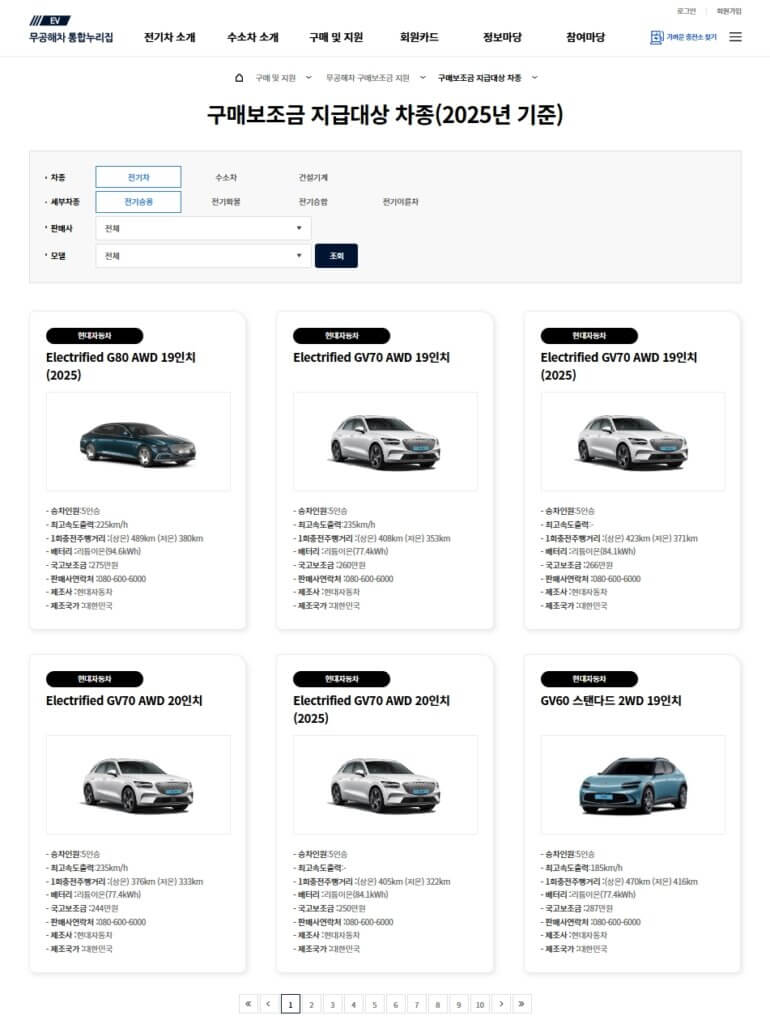 전기차 구매보조금 지급대상 차종 조회
