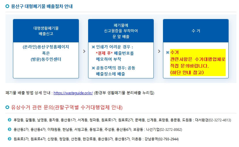 용산구 대형폐기물 배출 신고 페이지