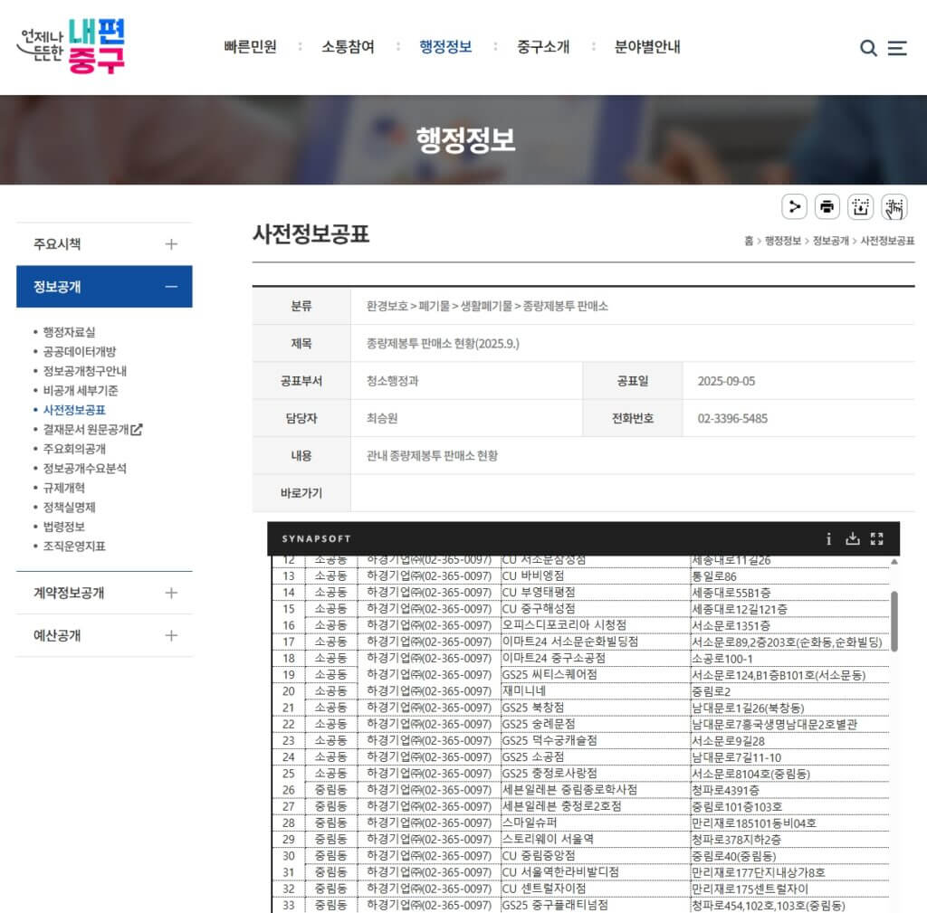 중구청 홈페이지 종량제봉투 판매소 검색 페이지