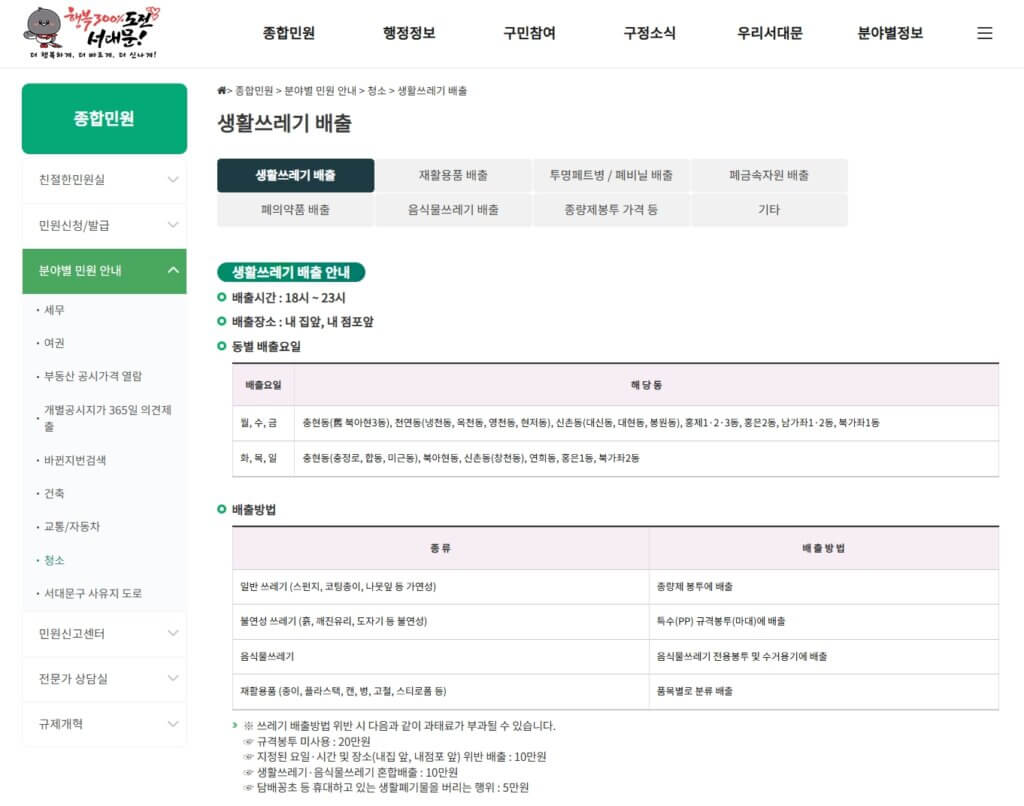 서대문구청 청소행정과 생활쓰레기 배출 안내