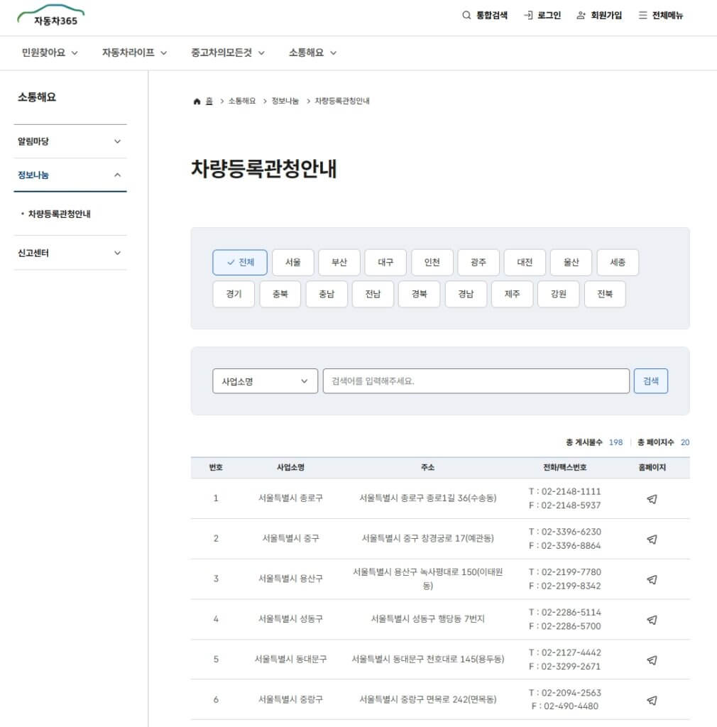 차량등록관청안내 페이지