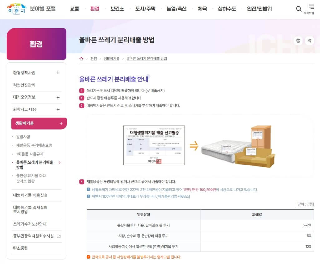 이천시 올바른 쓰레기배출 방법 안내 페이지