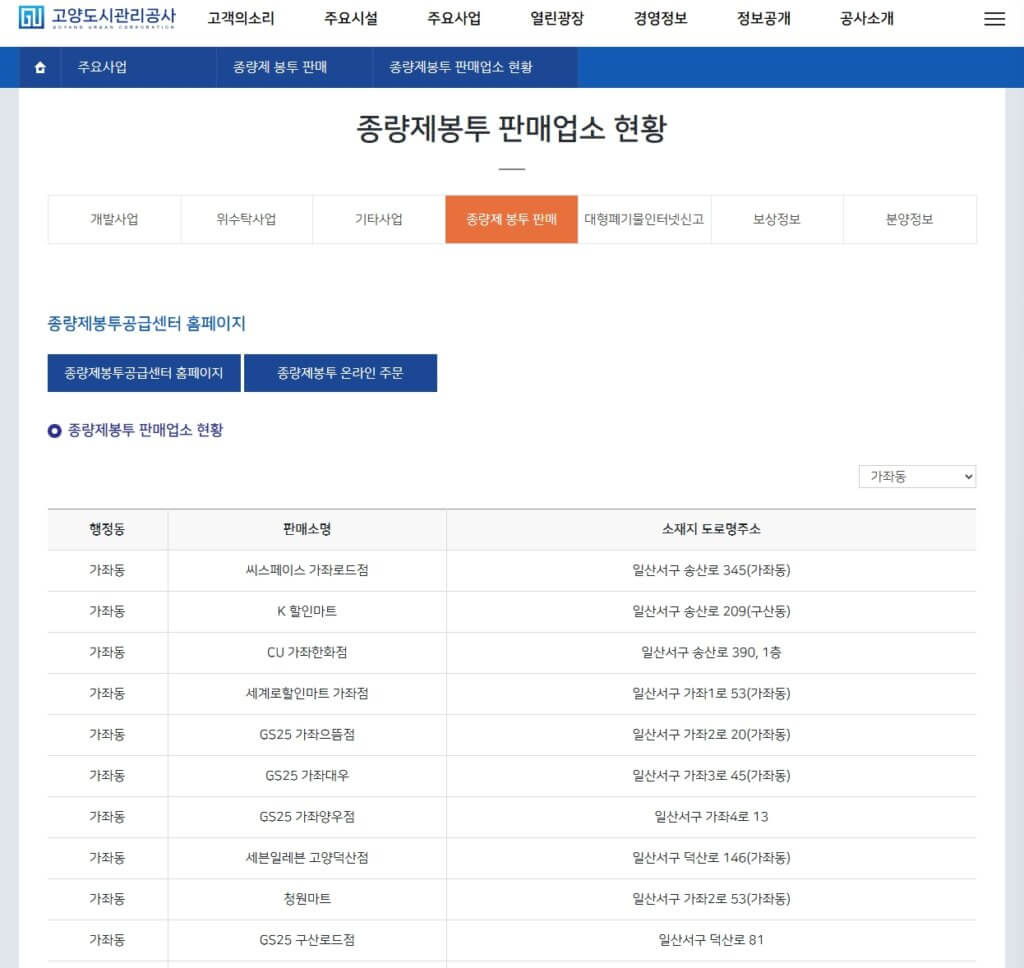 고양시 종량제봉투 판매업소 현황