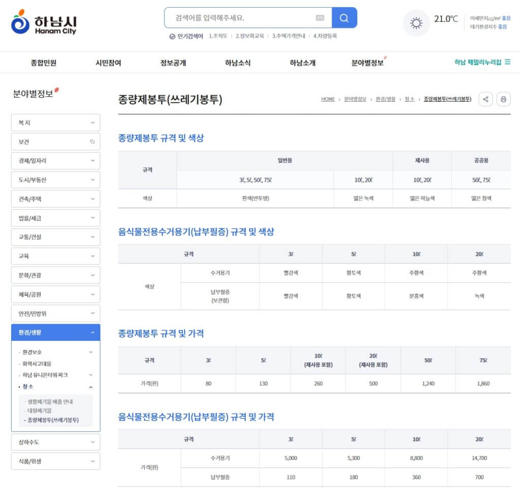 하남시 종량제봉투 가격표